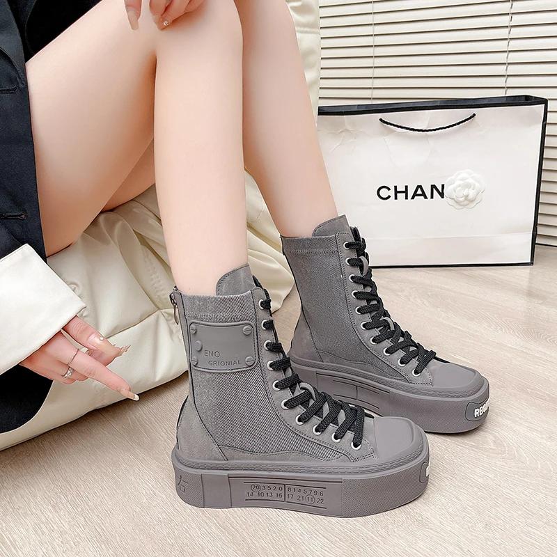 Модные высокие толстые парусиновые женские сапоги на толстой подошве 2024 года, осень, новые квадратные универсальные спортивные модные короткие сапоги на шнуровке для женщин