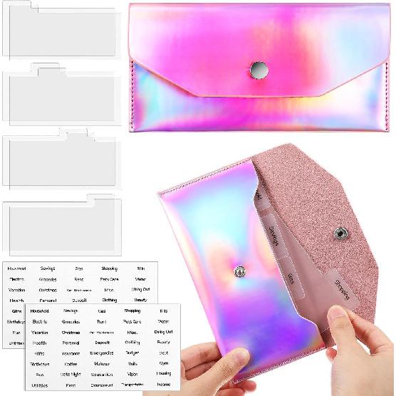 Frienda 1 Cash Envelope Wallet PU Leather Reble Budget Envelope 8 Cash Dividers 2 Sheets Category Sticker Labels for Wallets Bill Planner(Black