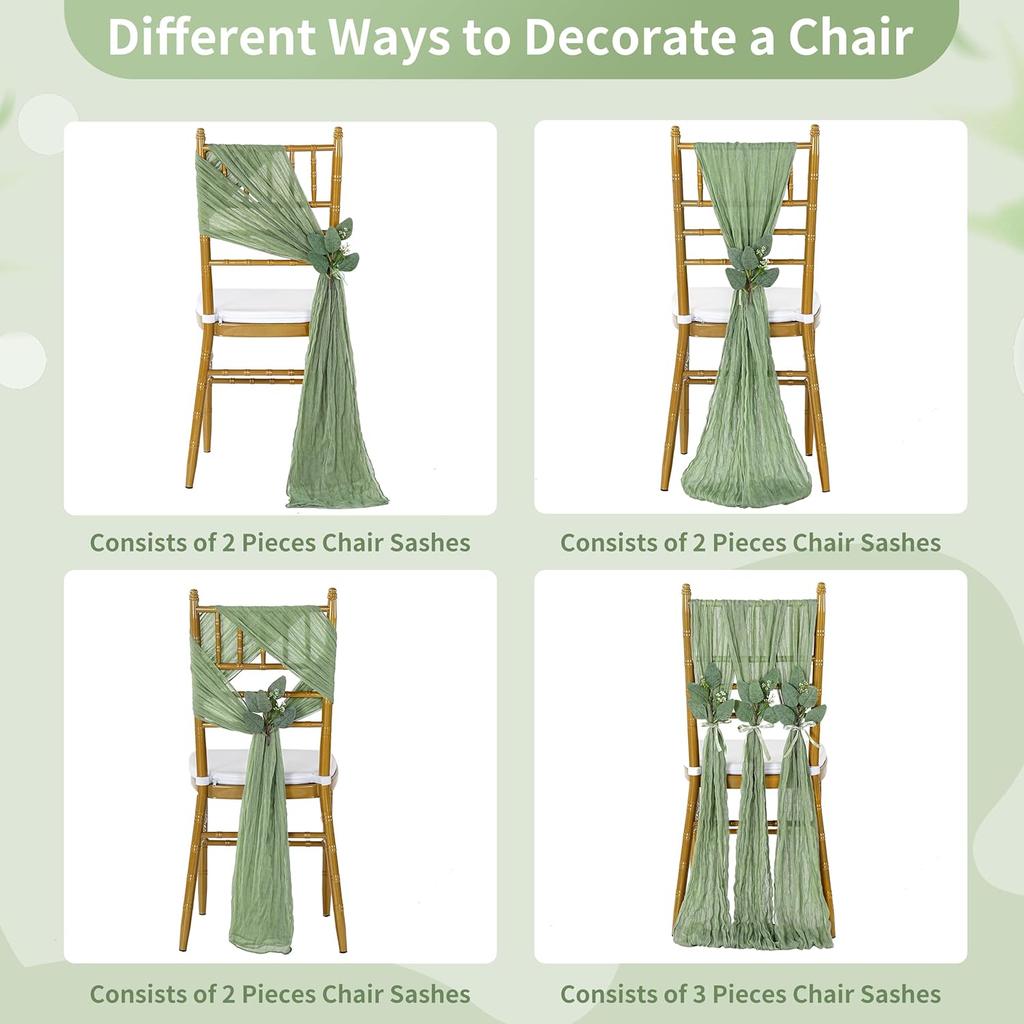 16Pcs Sage Green Wedding Chair Sashes Chair Bow Designed Decorative Chair Sashes for Wedding Reception Party Hotel Decoration