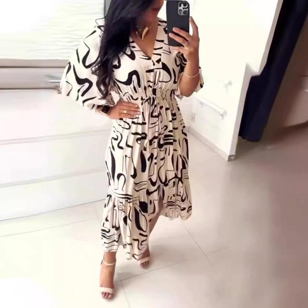 Платье миди в стиле бохо с принтом для женщин, V-образным вырезом, короткими рукавами, высокой резинкой на талии, А-силуэтное платье, женское модное повседневное платье-халат, Vestido