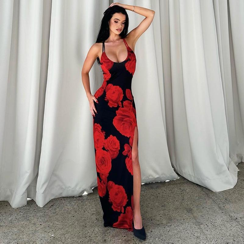 Сексуальное платье с разрезом по бокам и цветочным принтом для женщин, глубокий V-образный вырез, длинные платья без рукавов с высокой талией, Femme Bodycon, модное вечернее элегантное платье для женщин