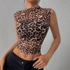 Women's Y2K Leopard Print Tank Tops Mock Neck Sleeveless Cheetah Print Slim Fit Top Shirts