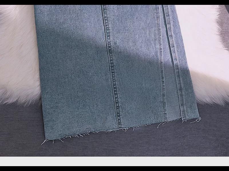 Женская джинсовая юбка в корейском стиле с высокой талией: Свободный крой, разрезы по бокам, утягивающий необработанный край.