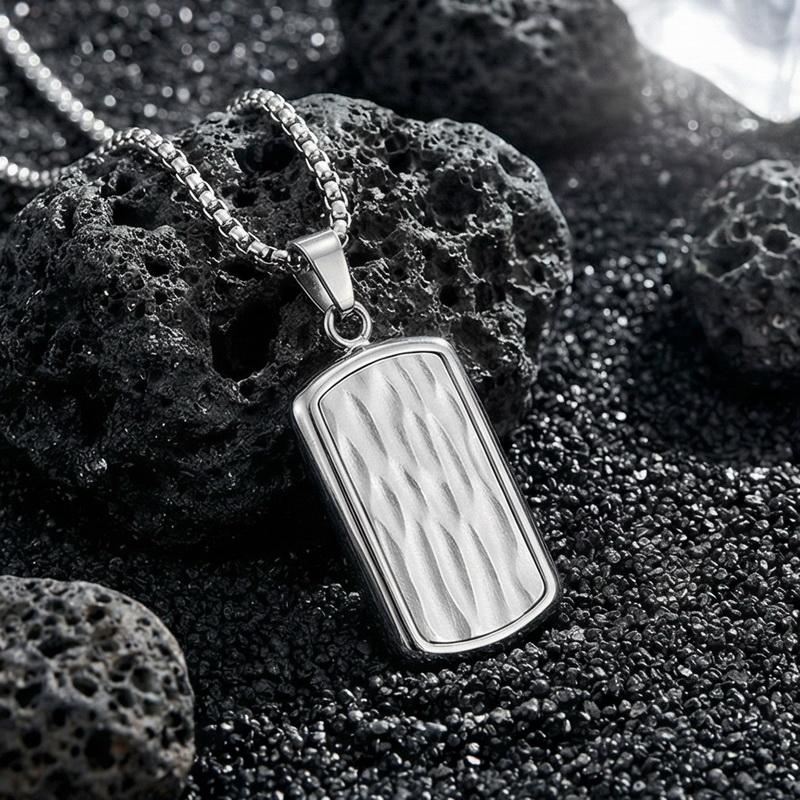 Hip Hop Square Textured Dog Tag Necklace Stainless Steel Box Chain Pendant 45cm Adjustable Length Trendy Jewelry Gift for Men