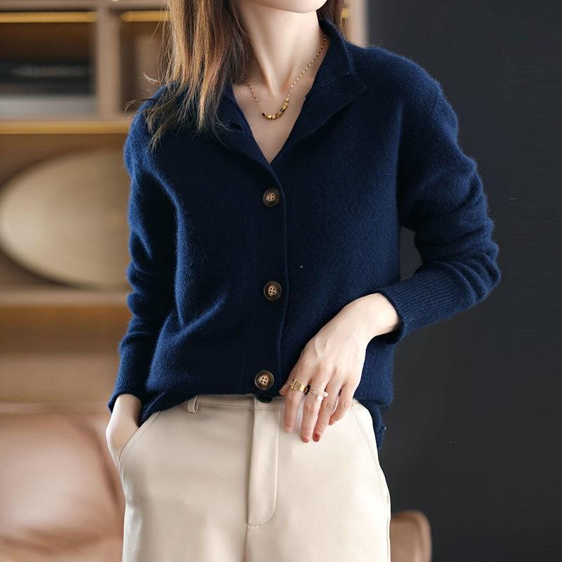 Autumn and Winter Woolen Cashmere Sweater Women's Self-Cultivation Half High Neck Cardigan Warm Knitted Sweater Women