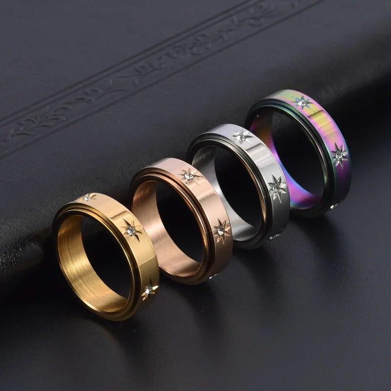 Rotatable Stainless Steel Spinner Fidget Anxiety Ring For Women Men Retro Star Evil Eye Rings for Stress Relieving