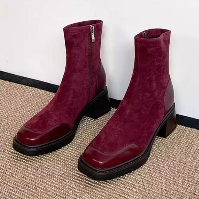 Модные ретро ботильоны с квадратным носком и боковой молнией для женщин, высококачественные бордовые ботинки из искусственной замши, зимние теплые эластичные ботинки на платформе