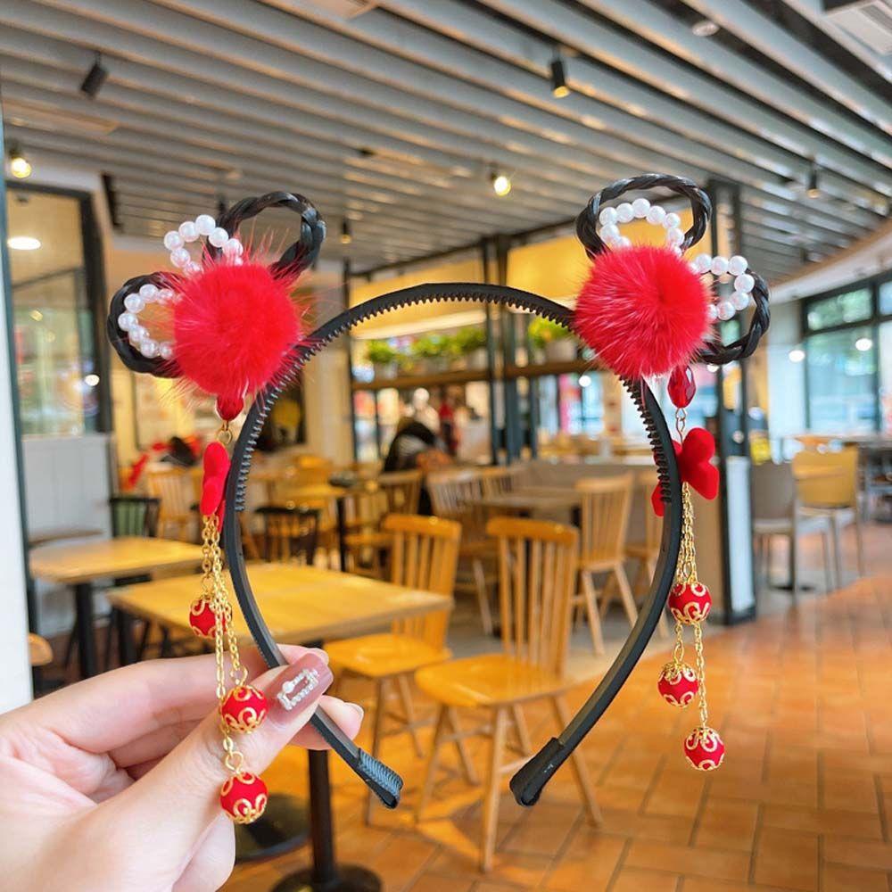 Elastic Cute Girls Pearl Bow Pigtail Wig Flower New Year Headress Children's Headband Chinese Style Hair Band Hanfu Hair Hoop