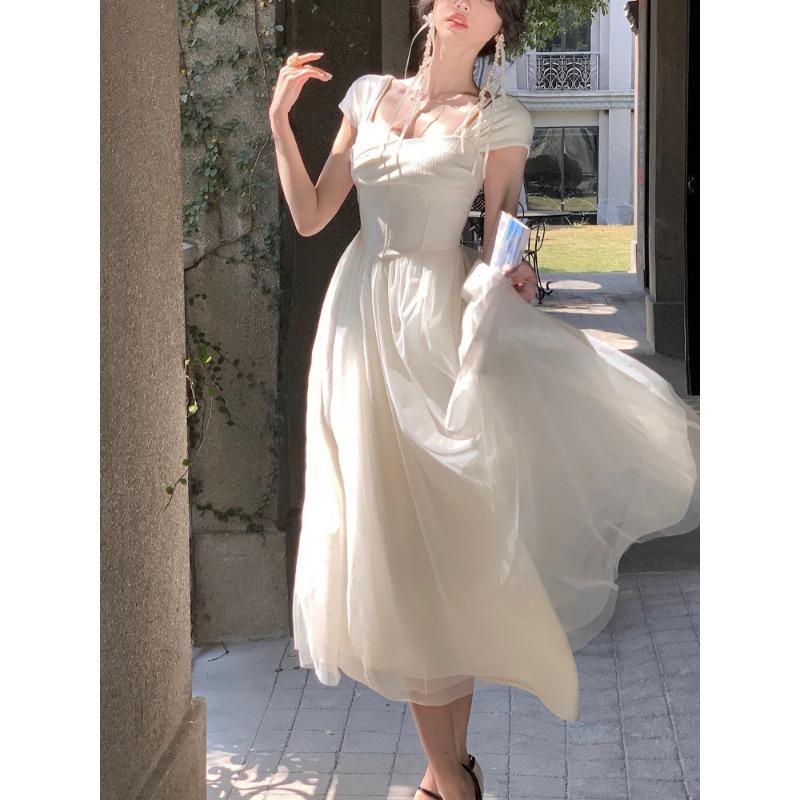 Однотонное французское элегантное платье, офисное женское платье 2023, летнее платье феи миди с короткими рукавами, повседневное модное вечернее платье для женщин