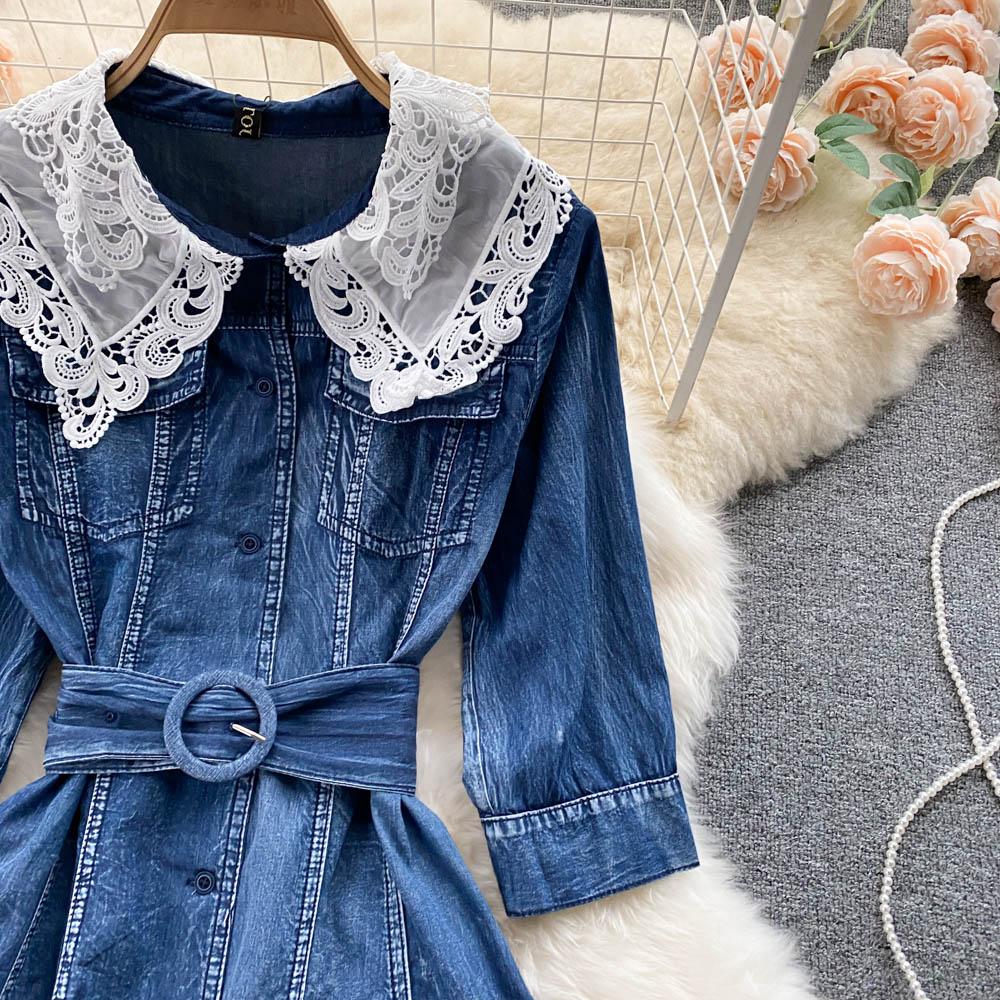 RUGOD Платье с французской талией и кружевной строчкой, джинсовое платье-рубашка на пуговицах с рукавами три четверти, чувство маленького темперамента