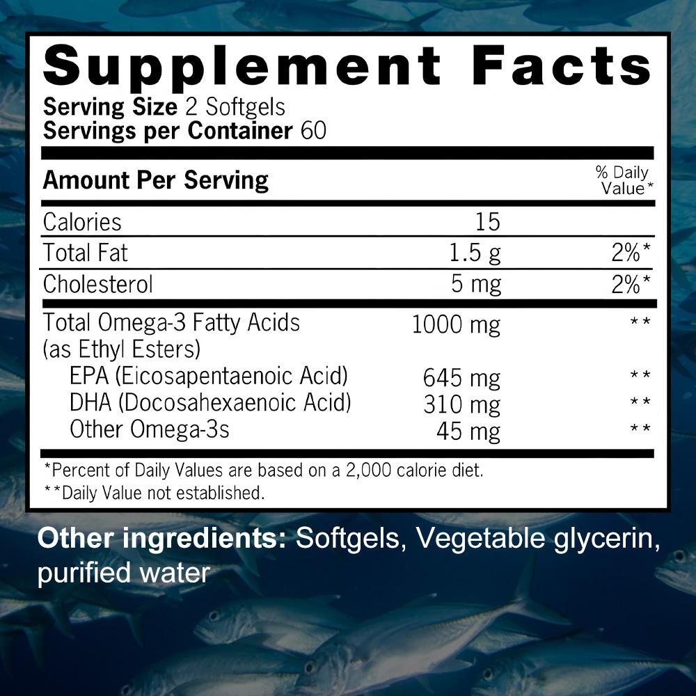 Ultra Omega‑3 Fish Oil Softgels, 1000mg EPA DHA Supplement, 120 Softgels 60‑Day Supply, Non‑GMO