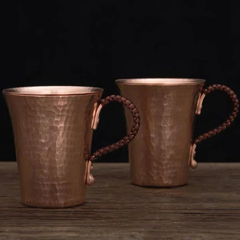 Pure Copper Beer Coffee Cup And Cover Disc Milk Mug Retro Handcrafted Weave Handle 350ml Drinking Cups Drinkware Couple Gifts