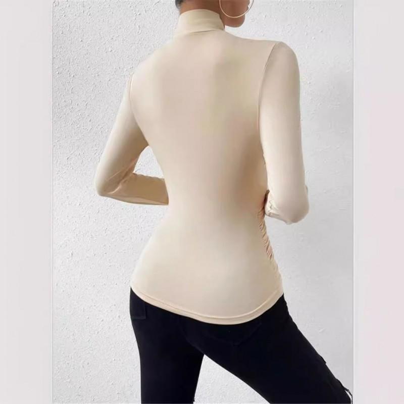 Womens Cross-Neck Slim Fit Long Sleeve T-Shirt With Ruched Detail Cotton Blend Winter Streetwear