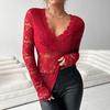 Women Tops Solid Color V-Neck Long Sleeve Shirt See-through Embroidery Lace Flower Pattern