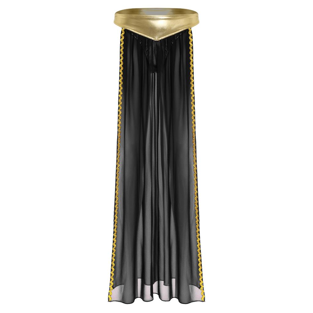 Womens Ancient Queen Costume Briefs Chiffon Skirt Metallic Shiny Side Slit Gold Trims Halloween Outfit