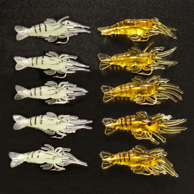 10pcs Soft Silicone Luminous Simulation Shrimp Shaped Fishing Lure With Hook, Bait Kit For Outdoor, Fishing Accessories
