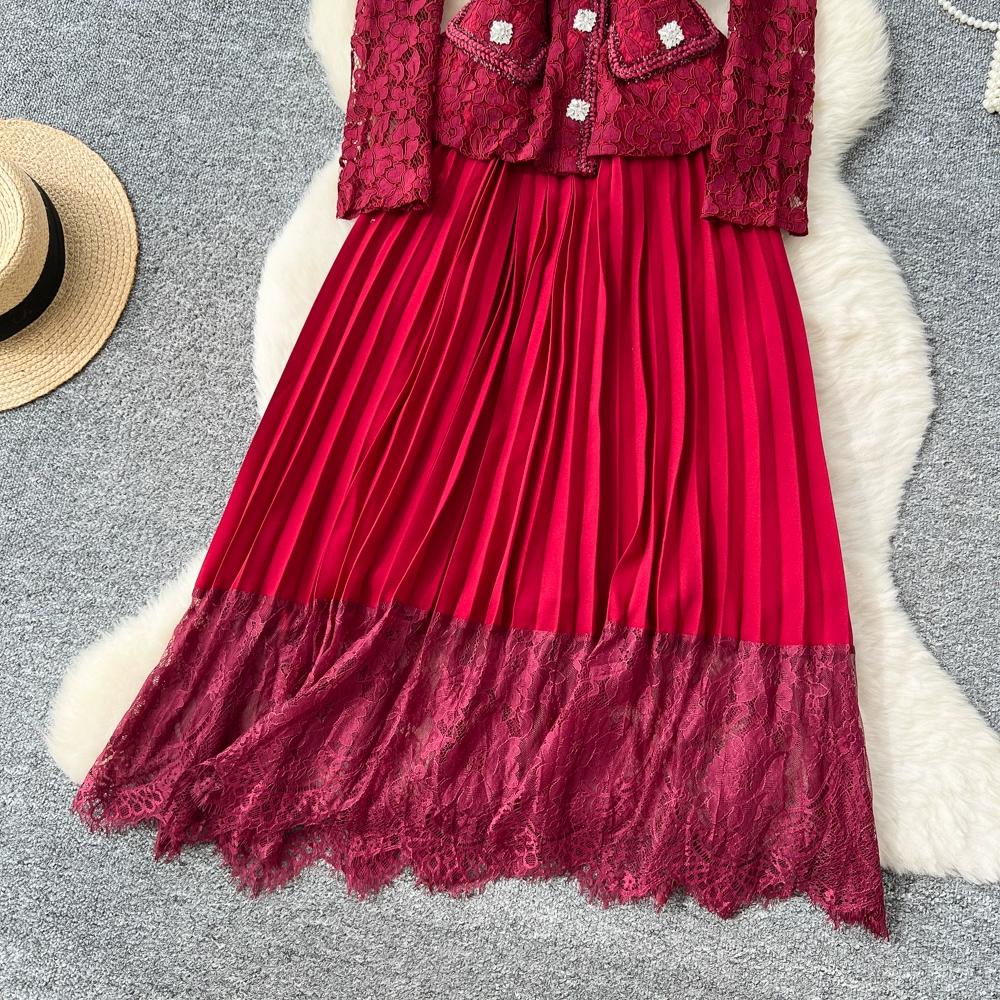Платье высокого класса для женщин на осень, французская мода, кружевное, с длинными рукавами, пэчворк, с акцентом на талии, плиссированное длинное платье
