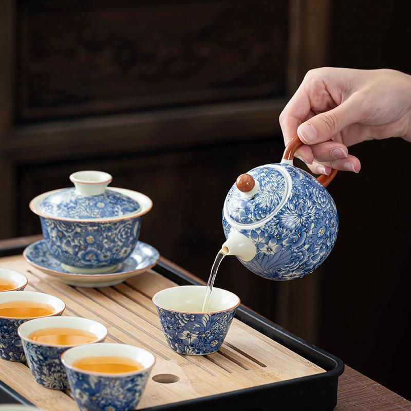 Ручной обжиг Кунг-фу чайный набор Бытовая керамическая чаша с крышкой в виде цветка Высококачественная подарочная коробка