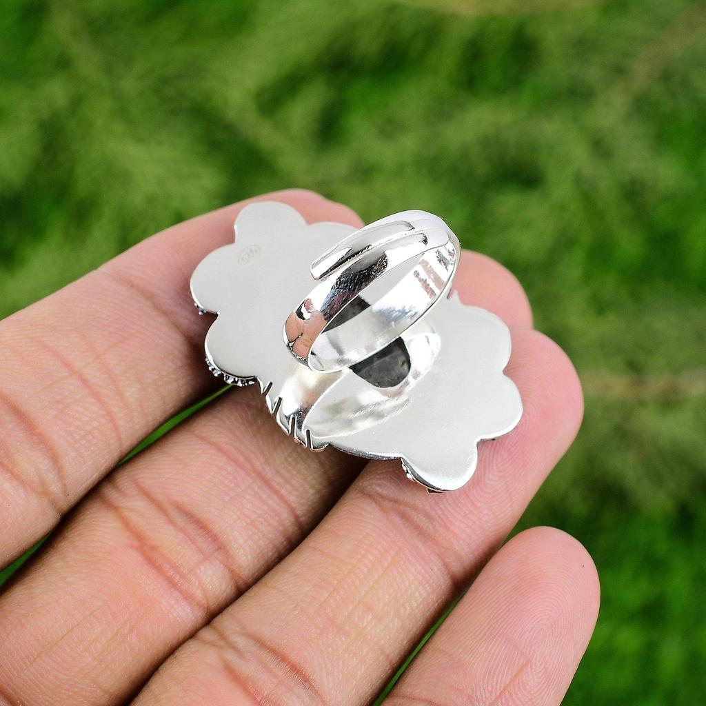 Gift For Her 925 Silver Natural Black Sunstone Solitaire Flower Adjustable Ring
