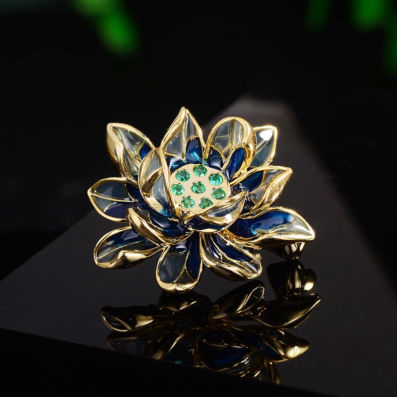 Elegant Chinese Lotus Enamel Zircon Brooch for Cheongsam Dress