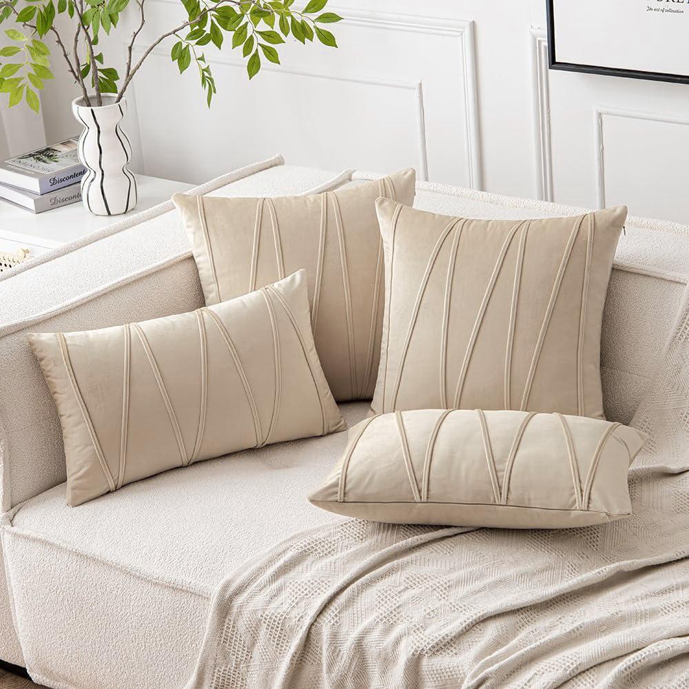 Modern Minimalist Velvet Throw Pillow Cover with Wavy Line Design, Solid Color for Sofa Couch Decorative Cushion Case 18x18 Inches Single