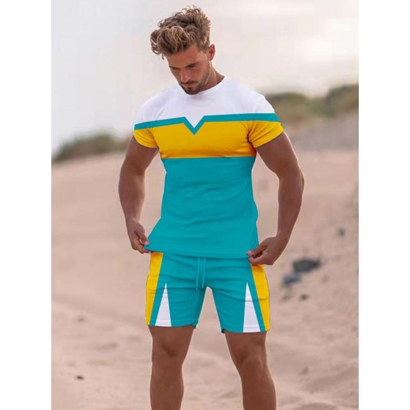 Patchwork Printing Mens 2 Pieces Casual Fashion T-shirt Set Workout Tracksuit Shirt And Shorts Set Sport Summer Outfit Sets