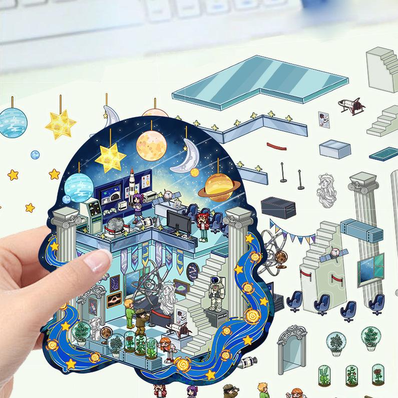 Cartoon Landscape Stickers Multiple Miniature World 3D Hut Unzip DIY Scene Manual Post