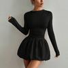 Spring Autumn Casual Slim Black Elasticity Puffy Dresses Simple Elegant A-line O-neck Long-sleeve Solid Party Mini Dress Female