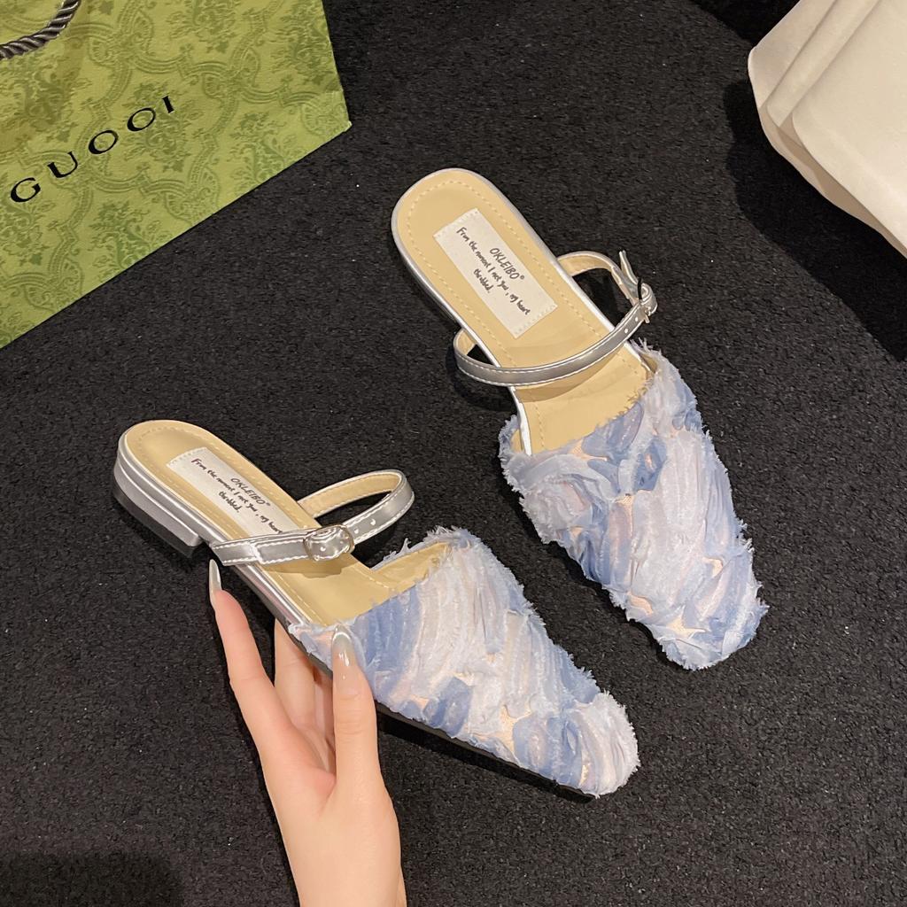 2024 Лето Новые Фея Ветер Нежные Кружева Квадратная Голова Модные Темпераментные Баотоу Плоские Женские Тапочки