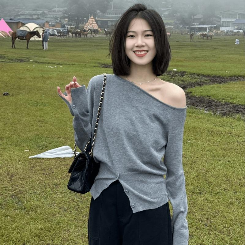 Модные вязаные свитера с открытыми плечами и длинными рукавами, осенние, нерегулярные, косые, сексуальные, вязаные женские свитера с разрезами, зимние, тонкие, повседневные, пуловеры 25351