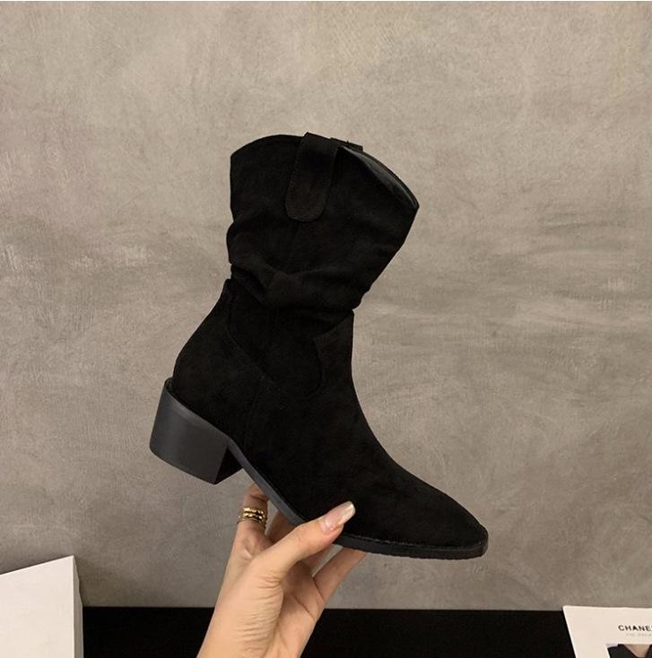 Suede Western Cowboy Boots Women's Retro Medium Tube Pointed Pile Boots 2025 Autumn and Winter New Maillard Martin Boots Women's