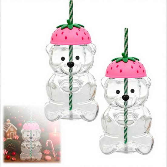 Teddy Bear Glass Sippy Cup with Straw BPA-Free 580ml Large Capacity Glass Tumbler for Cold Drinks Homemade Beverage Container