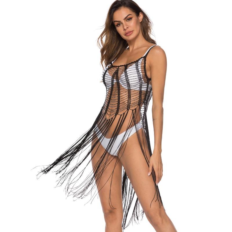 Женская рубашка, связанная крючком из бисера, ажурное платье с бретелькой на бретельках, длинная полуюбка с кисточками и бисером, пляжное накидка