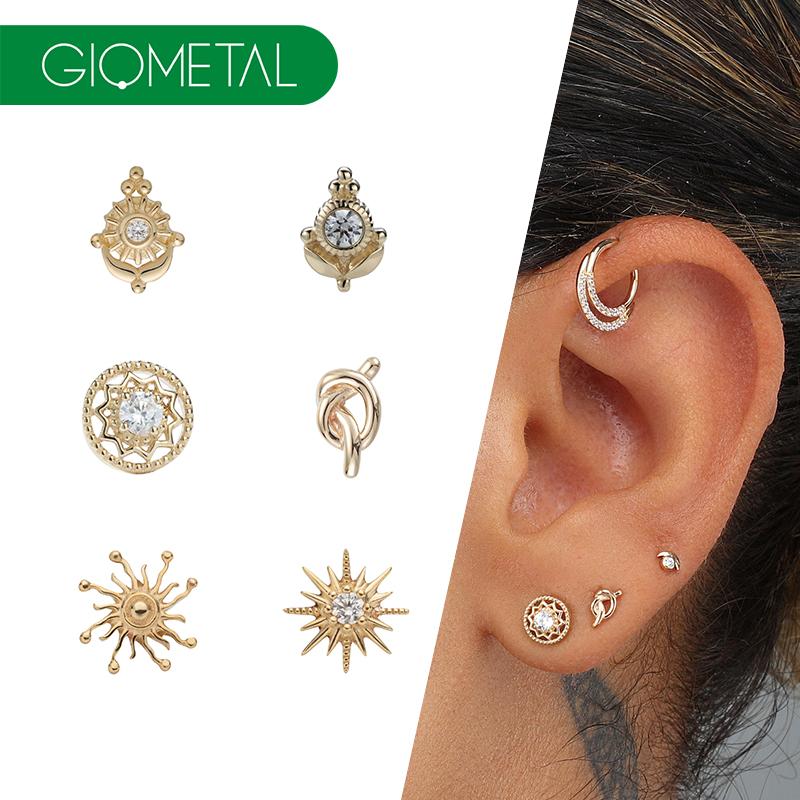 Giometal 14K Цельное Золото Украшения для Пирсинга Тела с Камнями Солнце Резьбовой Пирсинг Верхний Конец Цветок Раковина Хеликс Козелок Дайт Тонкие Украшения для Пирсинга