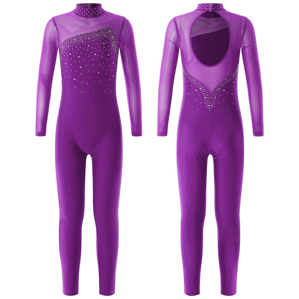 Kids Girls Long Sleeve Shiny Rhinestone Hollow Back Skating Leotard One Piece Gymnastic Jumpsuit
