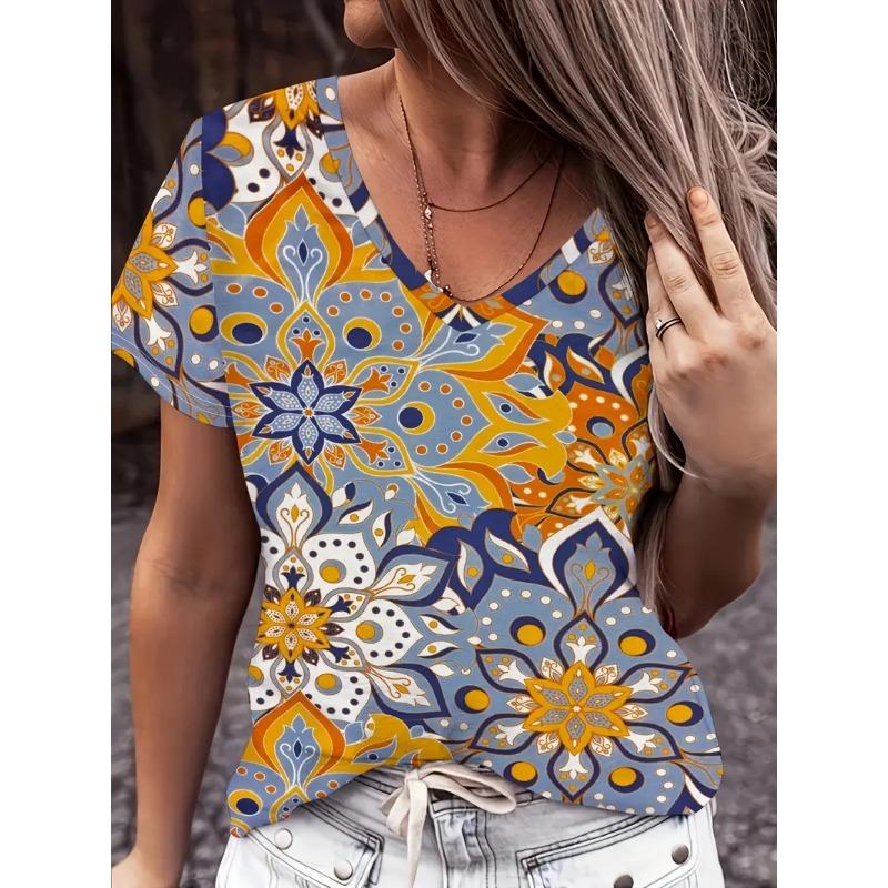 Модная женская футболка с V-образным вырезом, летняя уличная мода, топы с коротким рукавом, цветочные принты, свободная одежда больших размеров