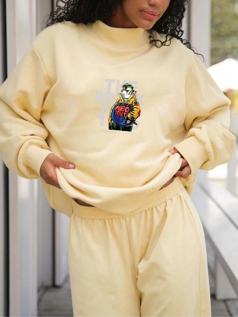 European Style Women's Printed High Neck Long Sleeve Hoodie - Casual, Loose, and Comfortable Sweatshirt
