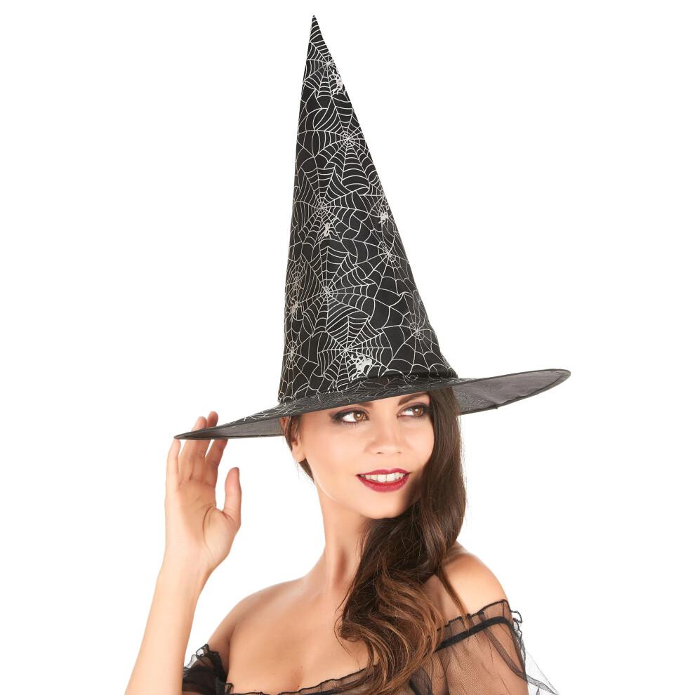 Black witch hat with white spider web adult