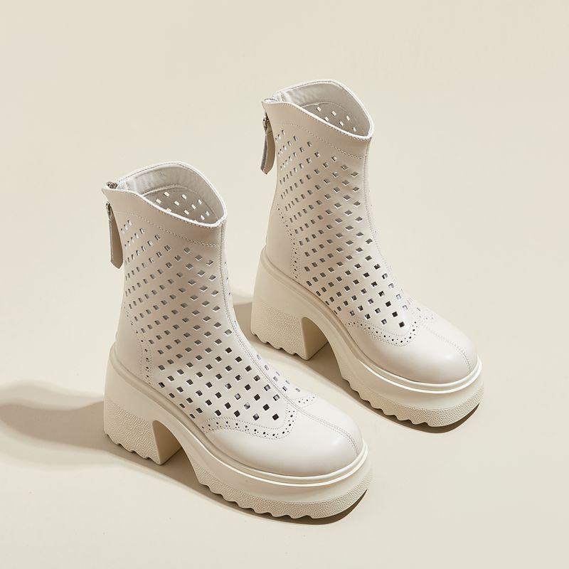Fashion 10CM Thick High Heels Women Summer Ankle Boots Microfiber Leather Ladies Hollow Short Boot Shoes Woman Basic Booties