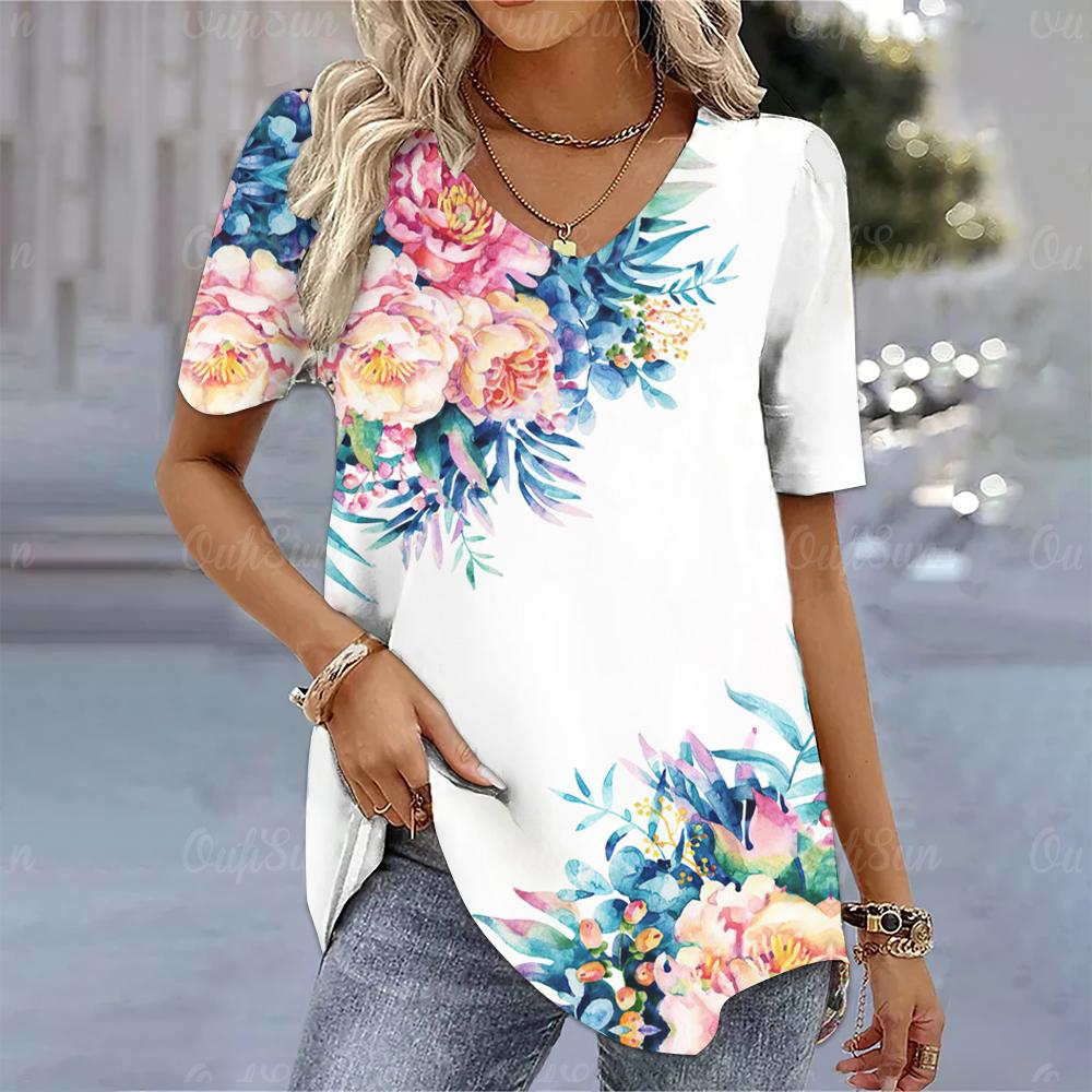 Новинка 2024 года, женская футболка, простой топ с цветочным принтом, женская трендовая одежда больших размеров, модная рубашка с короткими рукавами, футболка большого размера с v-образным вырезом