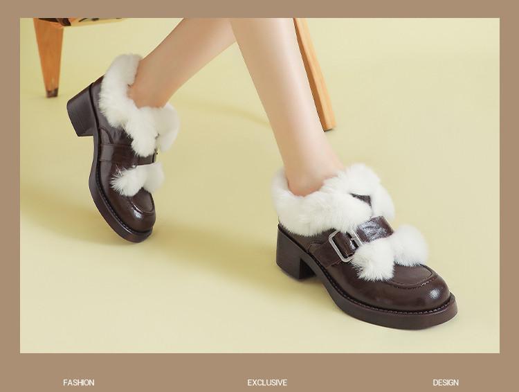 [Fashionable Warm Fury Single Shoe] One line Buckle with Upper Mouth Fury Thick Heel Round Head Stitching Versatile Fashion Single Shoe