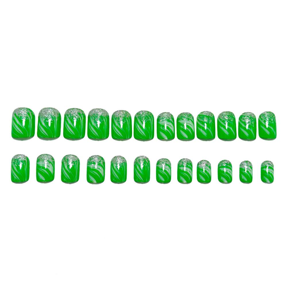 Silver Line Glitter French Manicure Patches Green Short Square Manicure Patches
