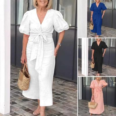 Летнее макси-платье с V-образным вырезом, шнуровкой на талии, рукавами-фонариками, однотонное свободное длинное платье для повседневной жизни, свиданий, работы, вечеринок