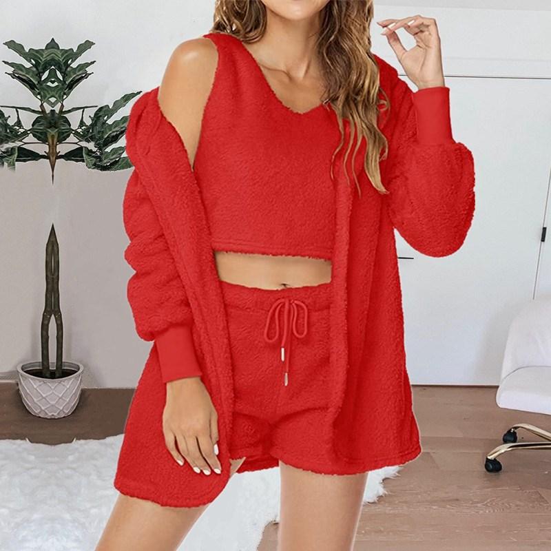 Home Wear Long Sleeved Plush Casual Three Piece Set Jacket Vest Shorts Sports Suit