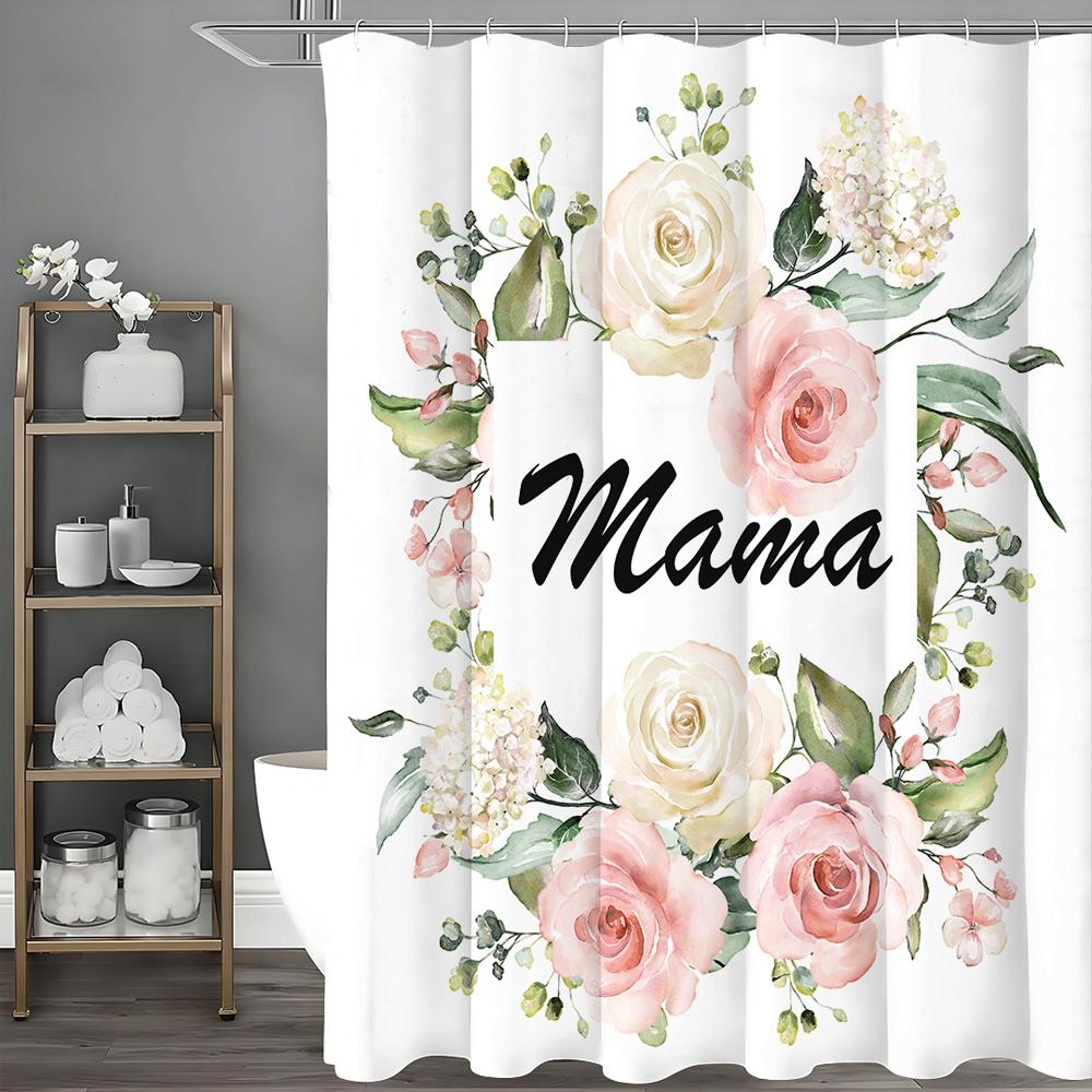 Mother's Day Floral Greeting Card Shower Curtain, Bathroom Decorative Shower Curtain, Waterproof Shower Curtain with Hooks