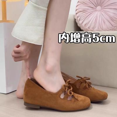 Маленький человек увеличение внутренней высоты 5 см пара бант квадратный носок легкий рот замшевые одинарные туфли женские 2025 балетки Мэри Джейн