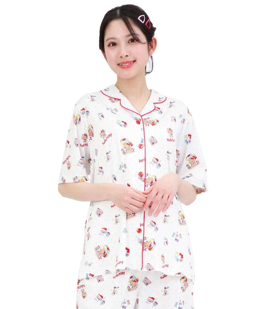 Персиковая футболка Hello Kitty сбоку, короткий длинный верх и низ, домашняя одежда [SAZAC], пижама, 100% хлопок, поплин, женская, рукава, брюки, комплект, домашняя одежда,