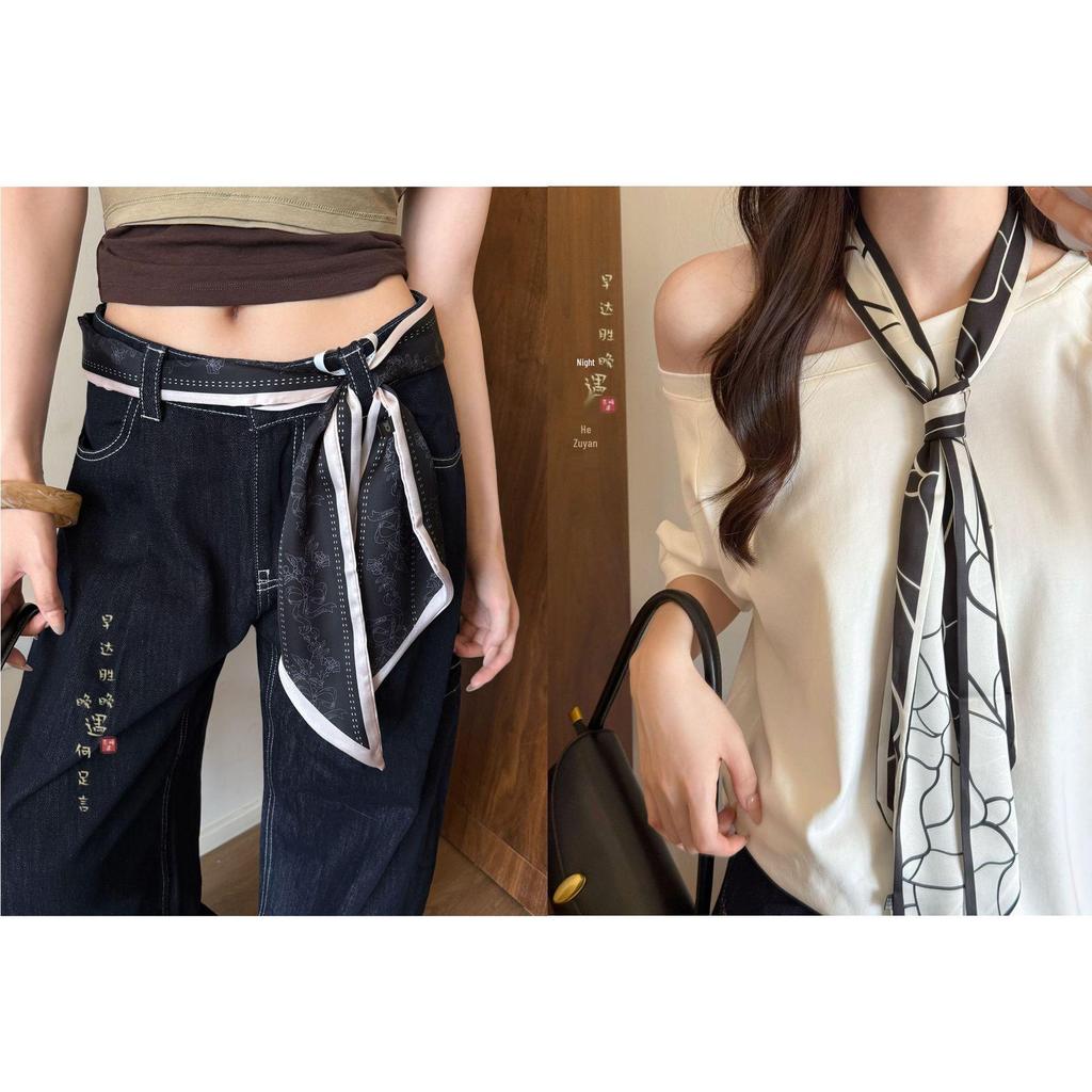 Cashmere Floral Silk Scarf: Women's Summer Thin Retro Ribbon, Neck Tie & Waist Accessory