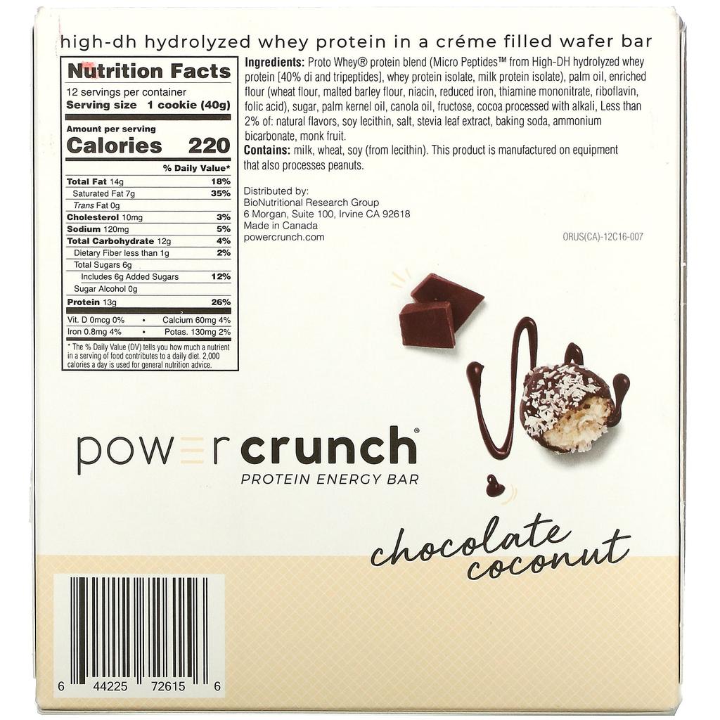 BNRG POWER CRUNCH Protein Energy Bar, Chocolate Coconut, 12 Bars, 40 G (1.4 Oz) Each