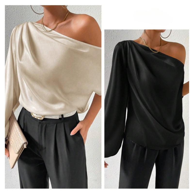 Сексуальные элегантные повседневные блузки с косым воротником и длинным рукавом, женские модные рубашки с открытыми плечами, топы, однотонные, простые, приталенные, женские блузки 26399